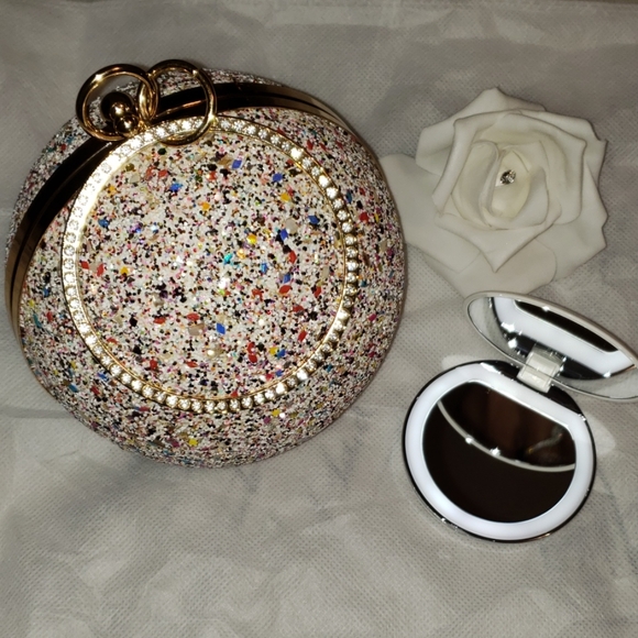 Handbags - Stunning White Evening Bag And Compact Mirror